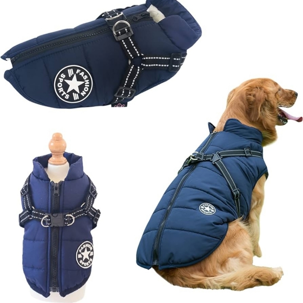 Dark Blue Quilted Dog Jacket with Straps